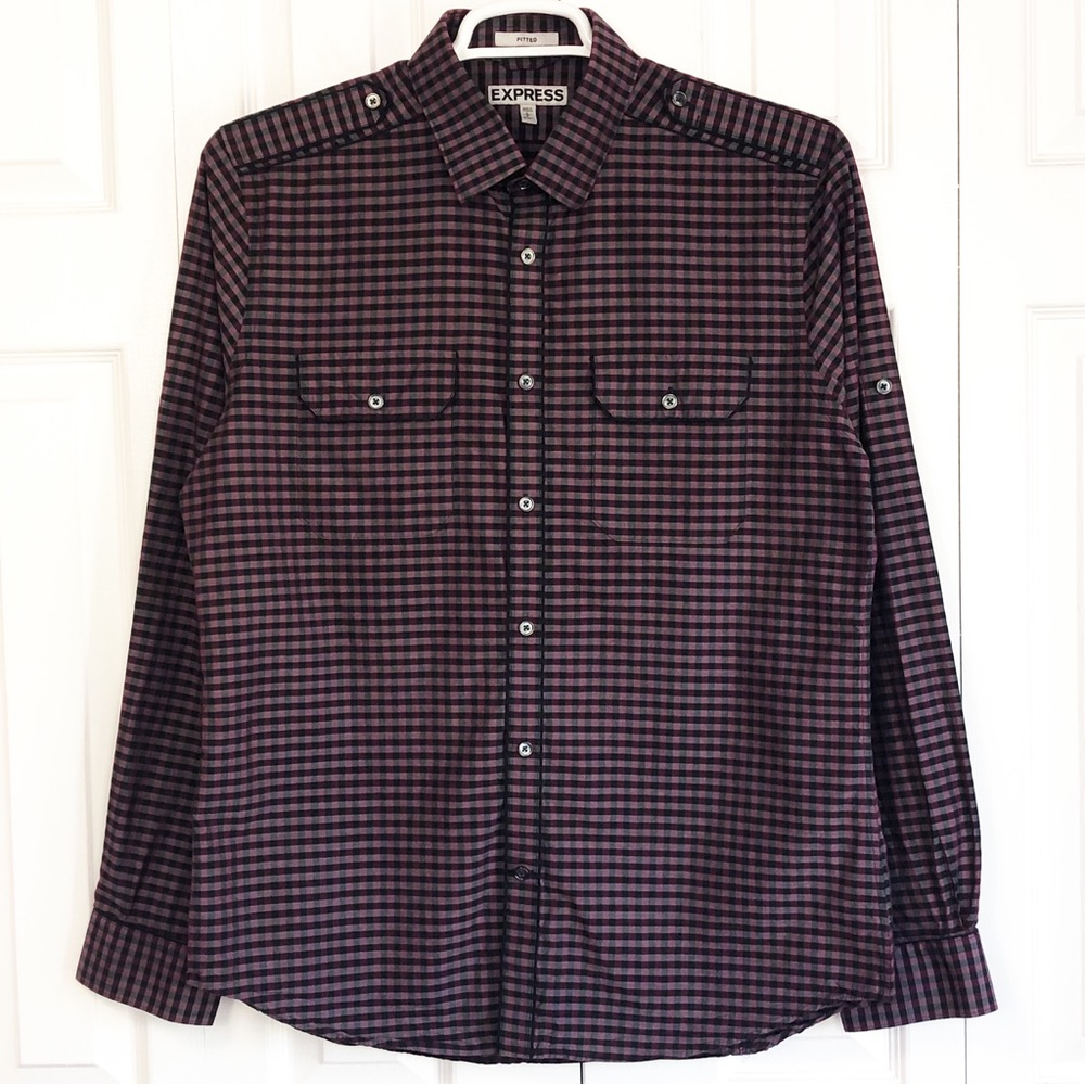 Express Men's Purple & Black Check Print Fitted Shirt Large